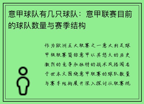 意甲球队有几只球队：意甲联赛目前的球队数量与赛季结构